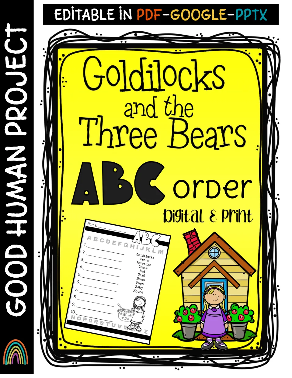 Goldilocks and the Three Bears ABC order cover, digital and print, showing the word-list worksheet and Goldilocks
