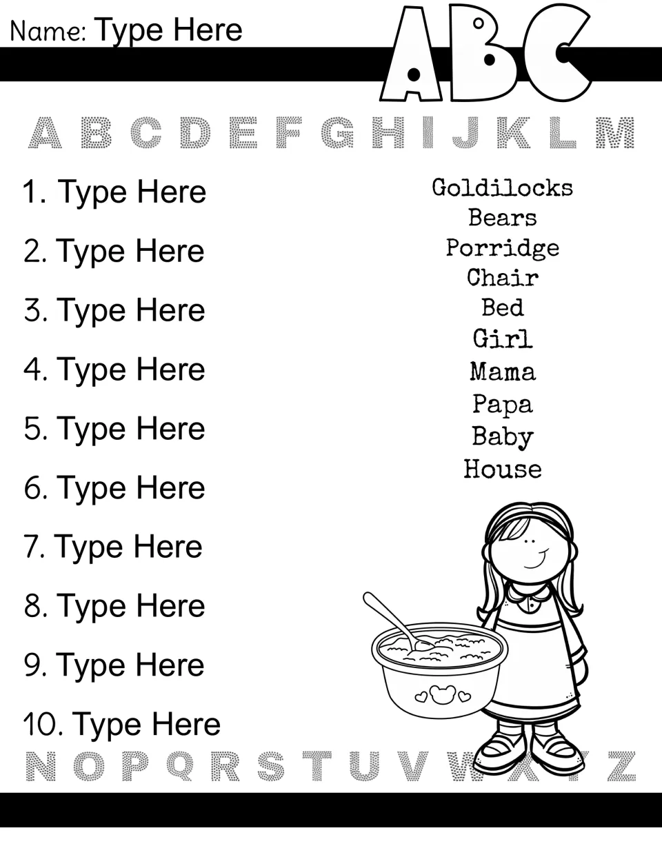 Typable ABC order version: students type the 10 fairy tale words, from Bears to House, alphabetically in Type Here fields