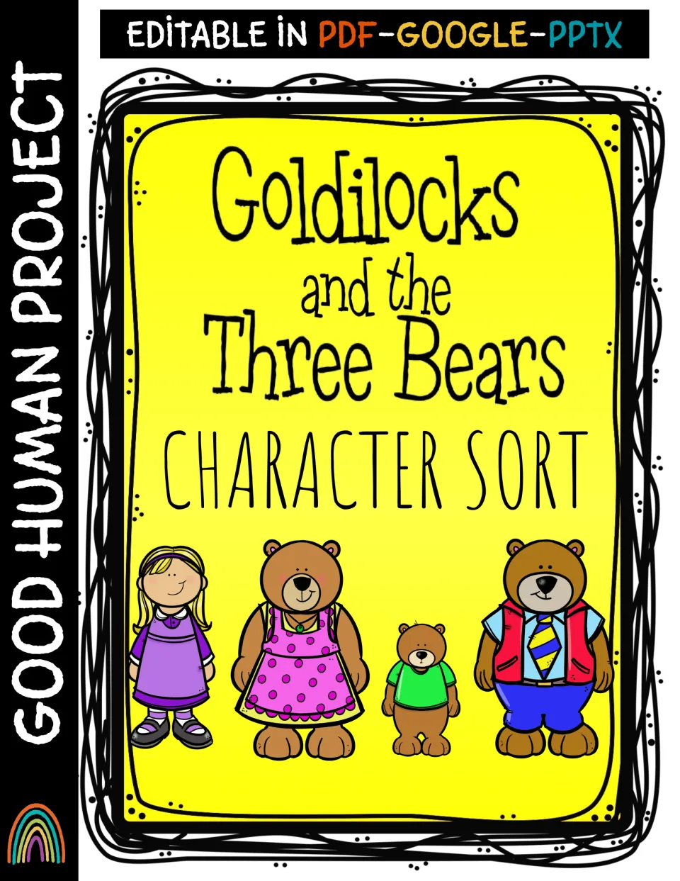 Goldilocks and the Three Bears Character Sort cover with Goldilocks, Mama Bear, Baby Bear and Papa Bear; editable formats