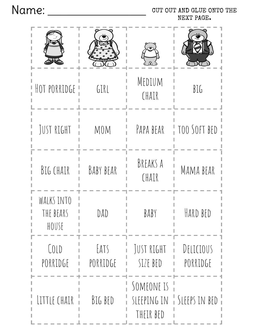 Character trait cut-outs: 4 character pictures and 24 word cards such as hot porridge, breaks a chair and Papa bear