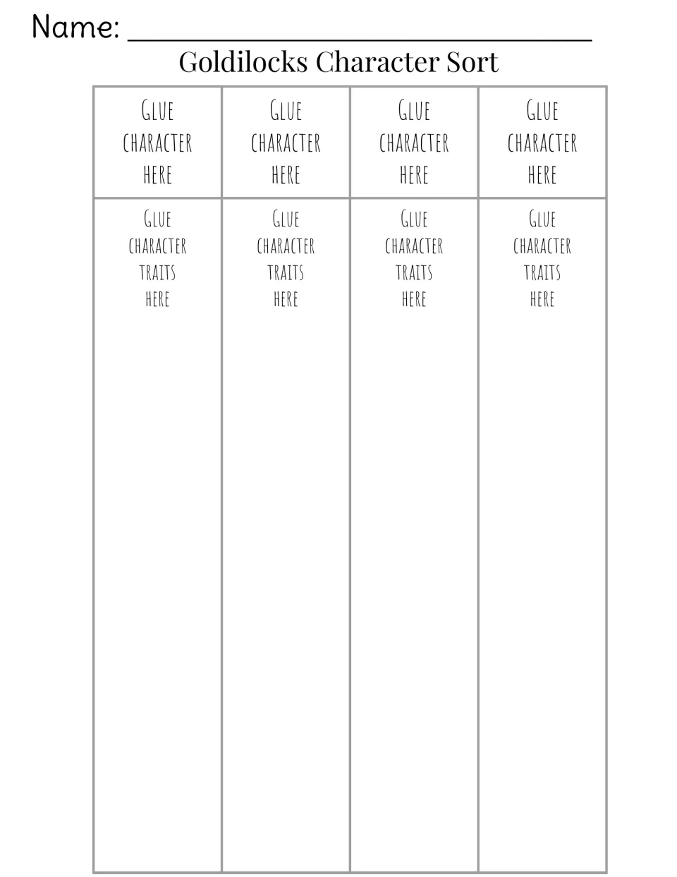 Goldilocks character sorting mat: students glue each of 4 characters at the top and their matching traits underneath