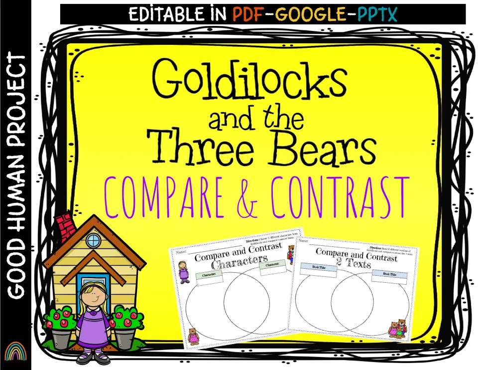 Goldilocks compare and contrast cover showing two Venn diagram sheets: one for characters, one for 2 texts