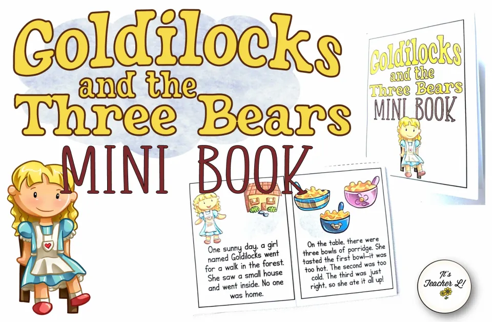 Goldilocks and the Three Bears mini book cover with Goldilocks and sample colored story pages with short text