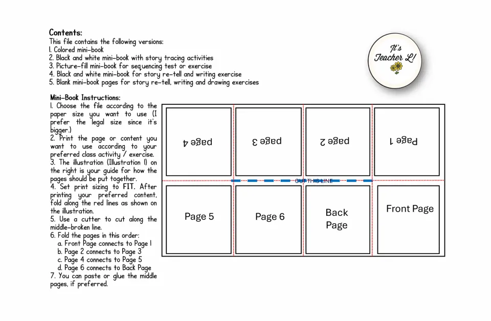 Contents list of five mini-book versions and numbered folding and cutting steps for assembling the foldable book
