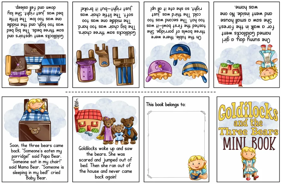 Colored Goldilocks story mini book: students read the tale from porridge and chairs to beds and the bears' return
