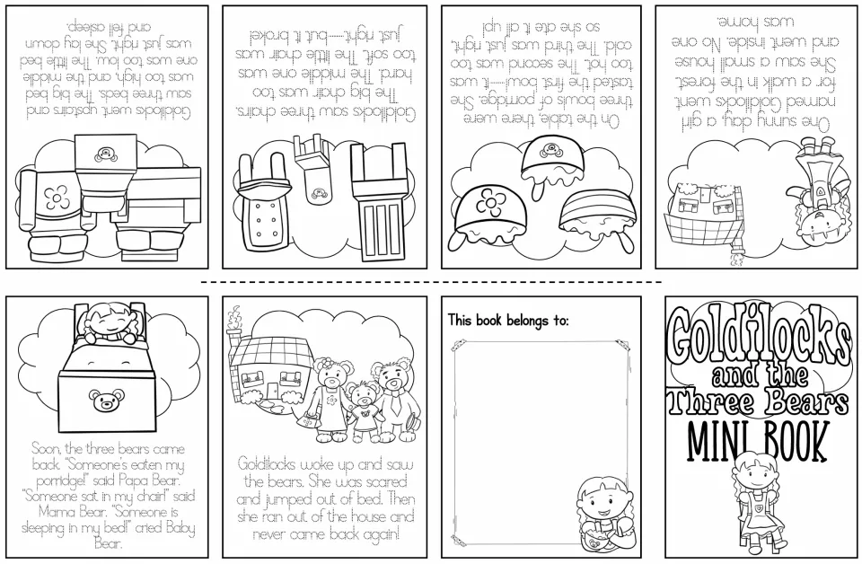 Black and white Goldilocks mini book with dotted story text for students to trace while reading each page