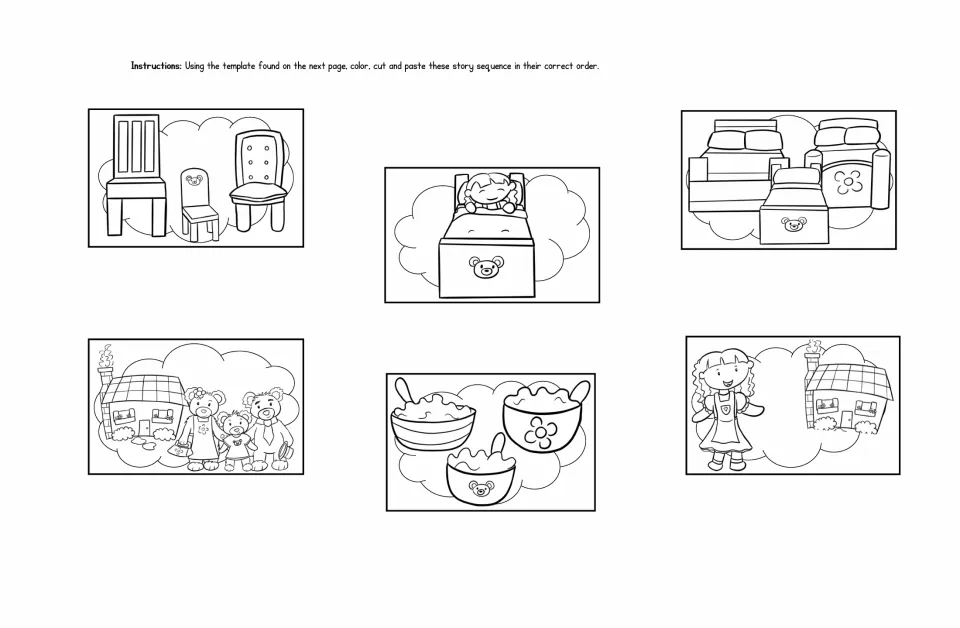 Goldilocks story picture cards of chairs, bed, beds, bears, porridge and house to color, cut and paste in order