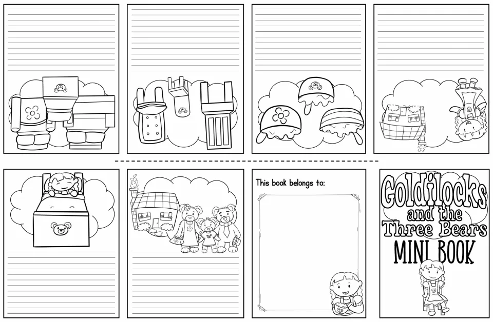 Goldilocks mini book with line-art pictures and blank writing lines for students to write sentences retelling the story
