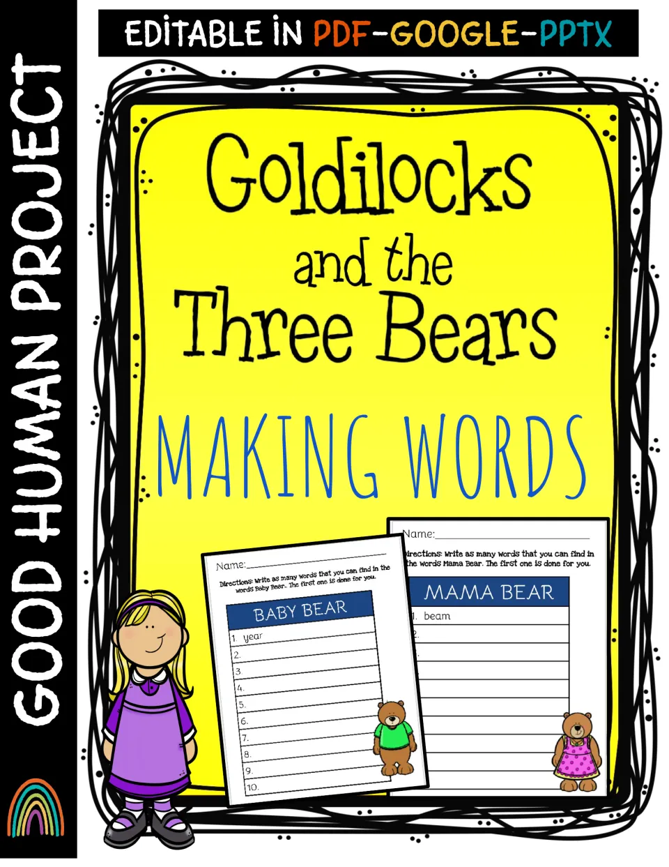 Goldilocks and the Three Bears Making Words cover previewing Baby Bear and Mama Bear word-building sheets