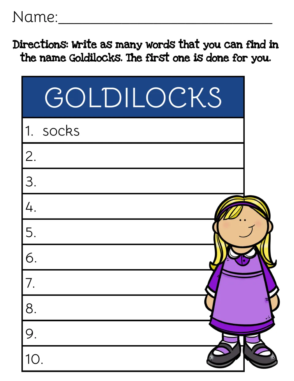 Making words from GOLDILOCKS: students write up to 10 words using its letters, with socks given as the first example