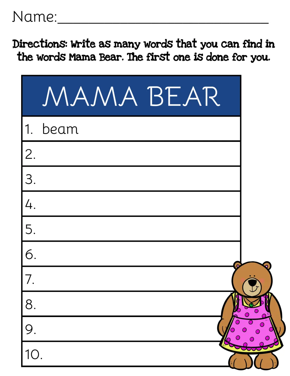 Making words from MAMA BEAR: students list up to 10 words built from its letters, starting from the example beam