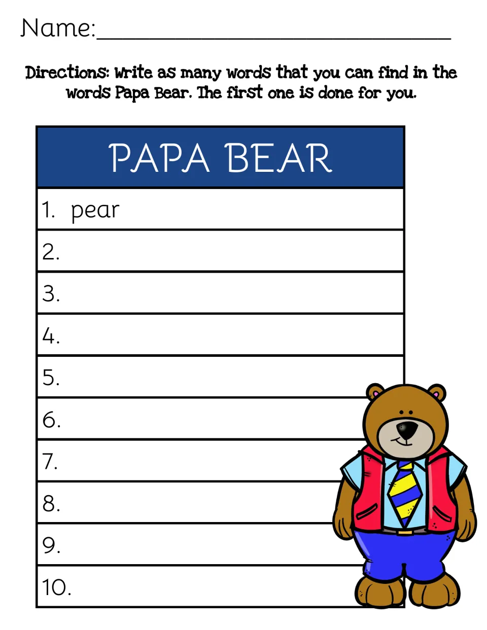Making words from PAPA BEAR: students find and write up to 10 words using its letters; pear is the worked example