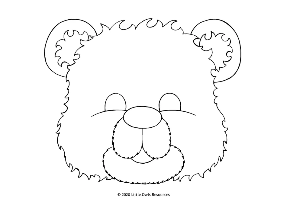 Bear mask to colour: black-and-white outline of a shaggy bear face with a furry muzzle, for cutting out and role play