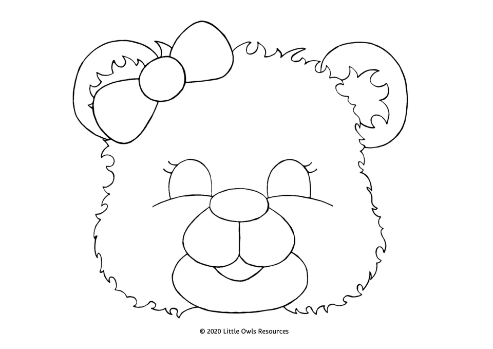 Bear face mask outline with a bow on one ear and eyelashes; students colour and cut it out to act out the story