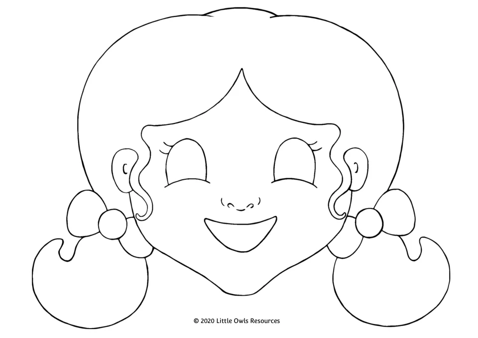 Goldilocks mask outline: smiling girl with pigtails tied in bows, ready for students to colour, cut out and wear