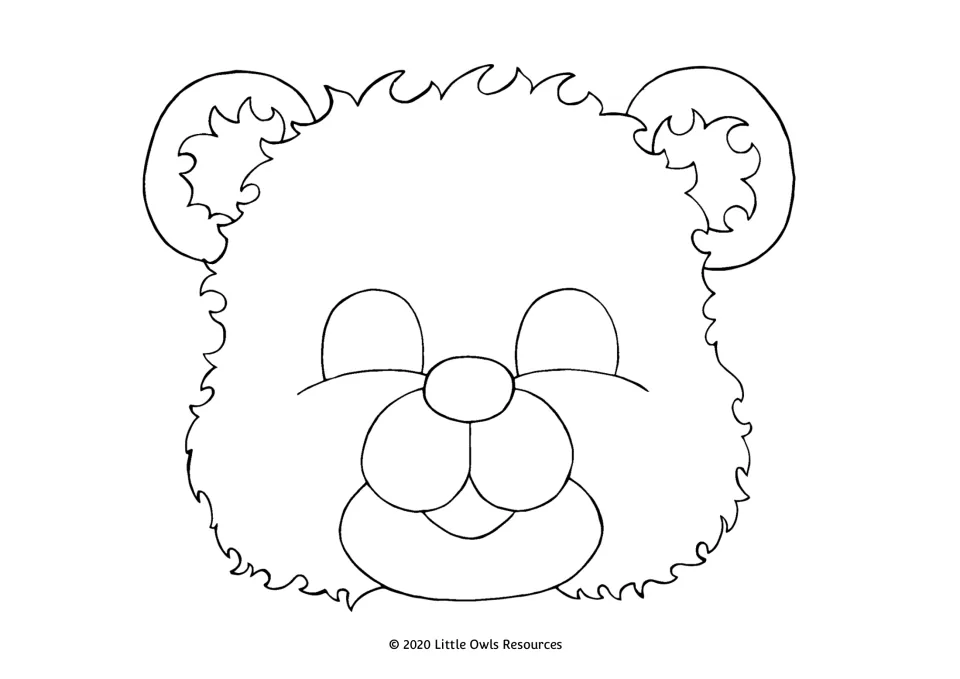 Plain bear face mask outline with round ears, a small nose and smiling muzzle for colouring and story retelling