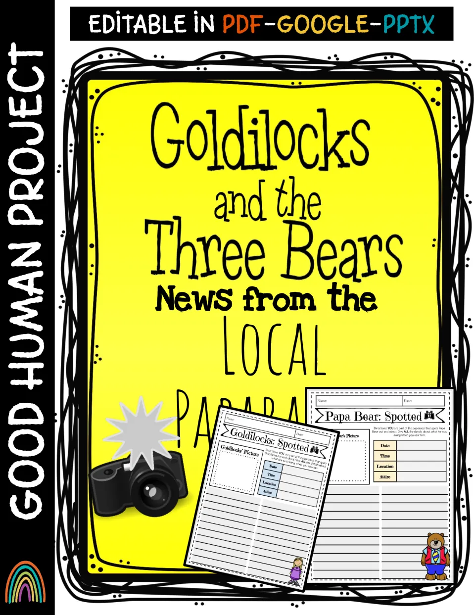Goldilocks and the Three Bears News from the Local Paparazzi cover, editable in PDF, Google and PPTX, with sample pages