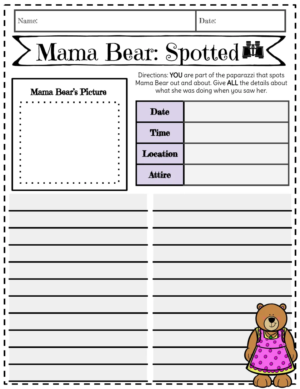 Mama Bear: Spotted report: students sketch Mama Bear, note date, time, location and attire, then write what she was doing