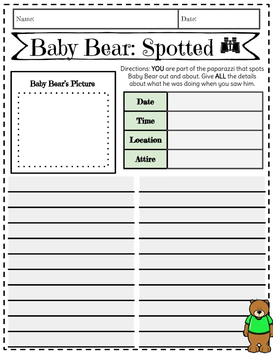 Baby Bear: Spotted report: students draw Baby Bear, list the date, time, location and attire, and detail what he was doing