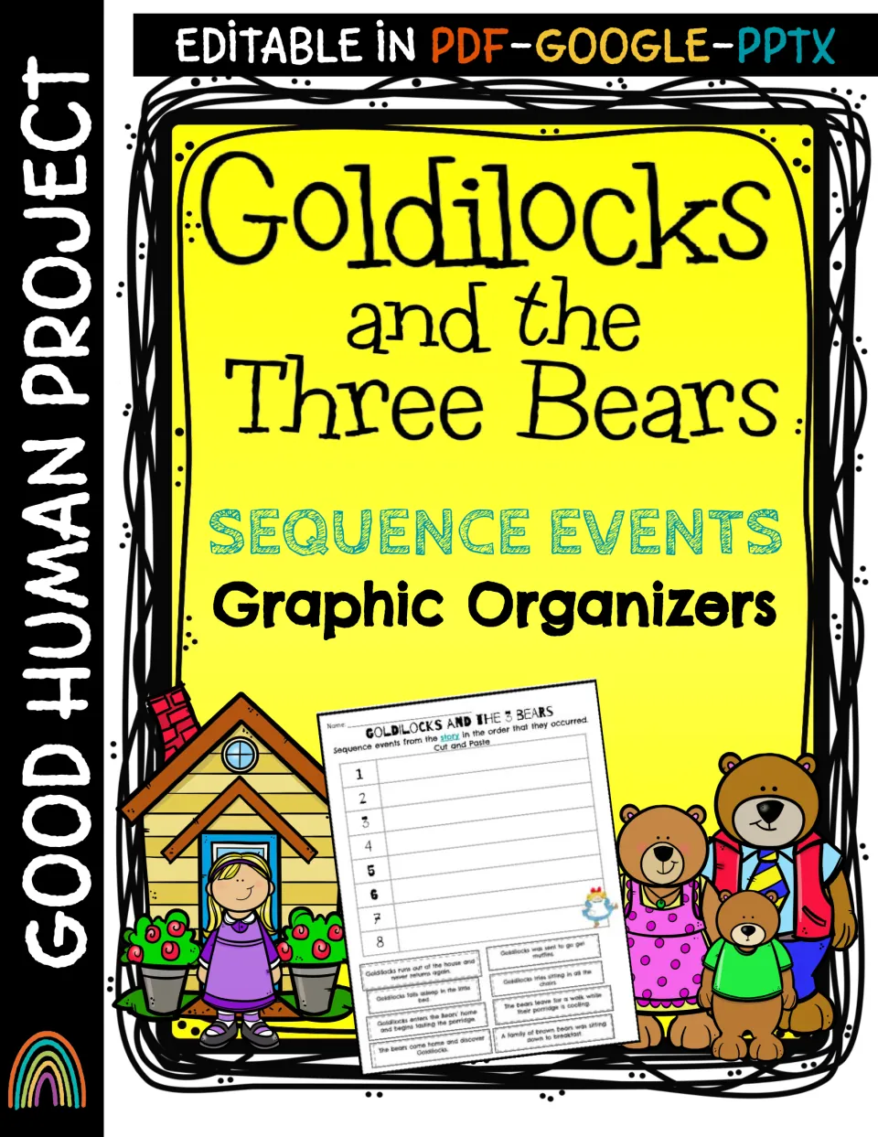 Cover: Goldilocks and the Three Bears sequence events graphic organizers, editable in PDF, Google and PPTX formats