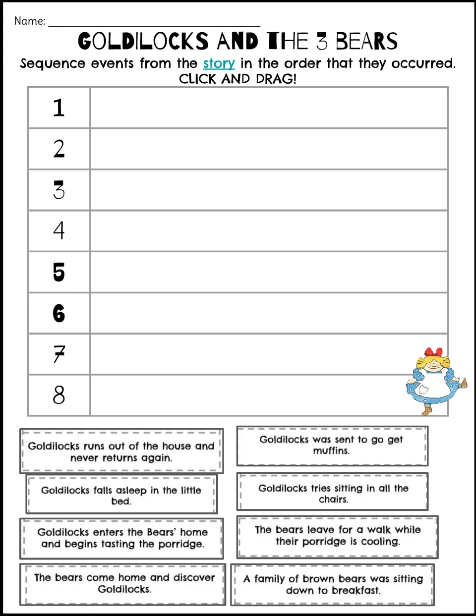 Goldilocks sequencing, digital: students click and drag 8 story event strips into numbered spaces 1 to 8 in story order