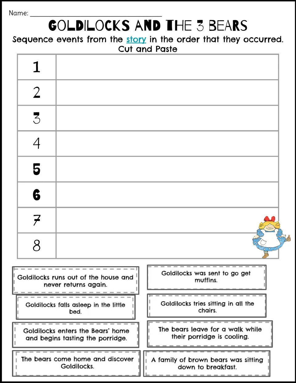 Goldilocks sequencing, print: students cut out 8 event sentences, from muffins to running away, and paste them in order