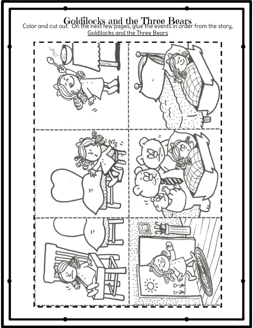 Six story scenes to color and cut out: Goldilocks tasting porridge, trying chairs, sleeping, and the bears finding her