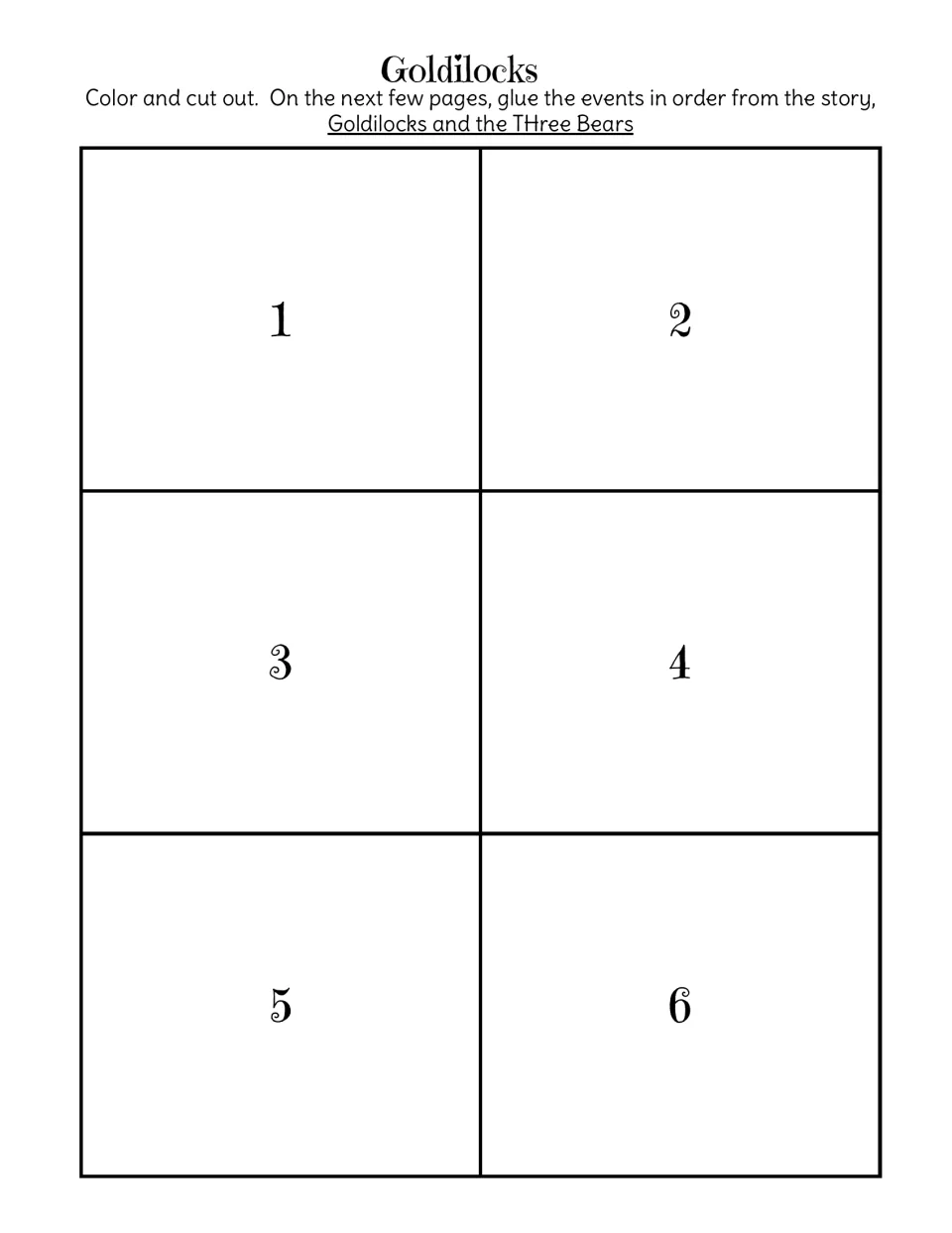 Goldilocks picture sequencing mat: students glue the six colored scene cards onto spaces numbered 1 to 6 in story order