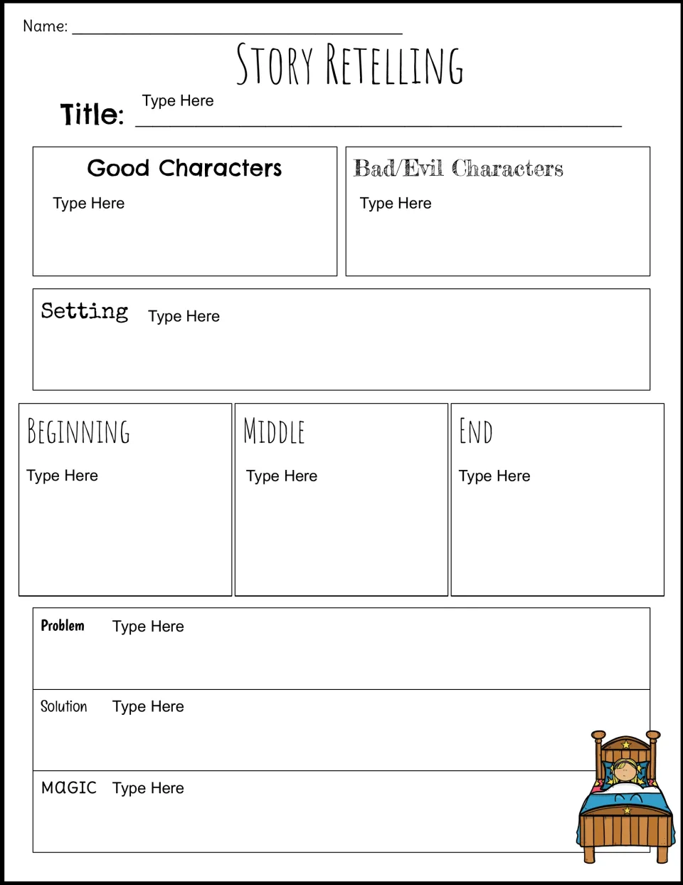 Editable story retelling organizer: students type characters, setting, beginning, middle, end, problem and solution