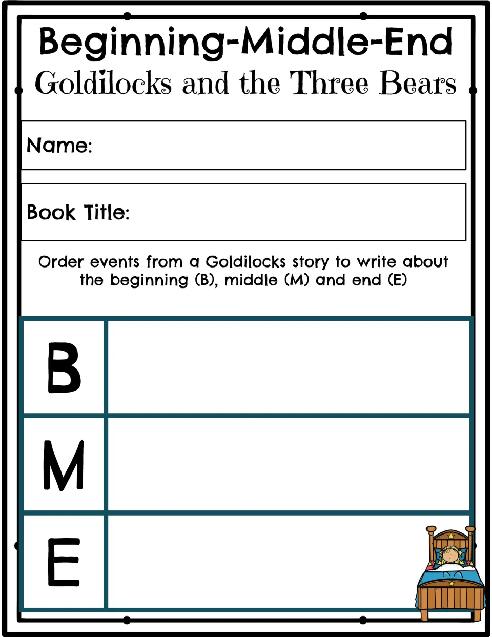 Beginning-middle-end Goldilocks organizer: students order story events and write what happens at B, M and E