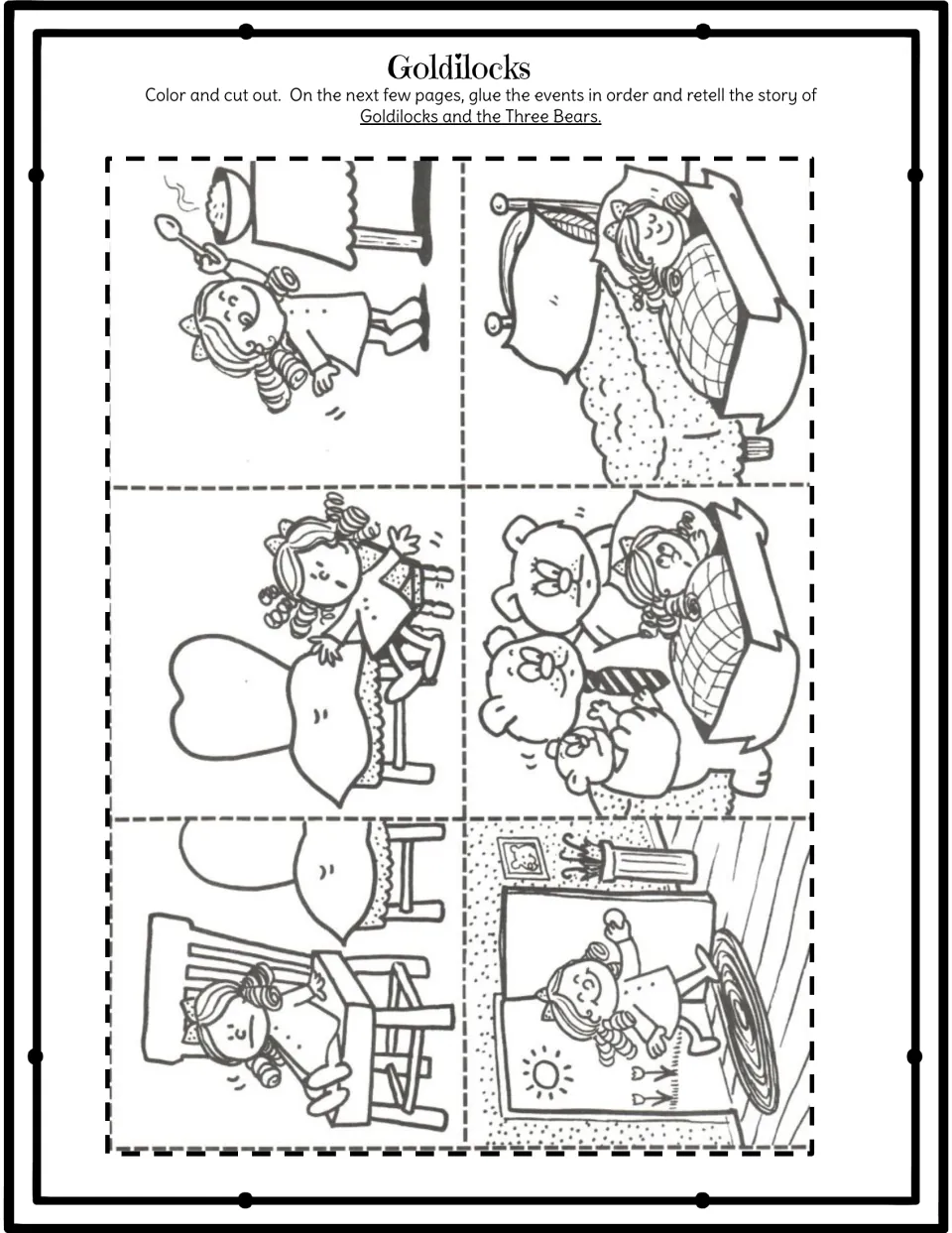 Goldilocks sequencing cards: students color and cut out 6 scenes, like tasting porridge and the bears finding her in bed