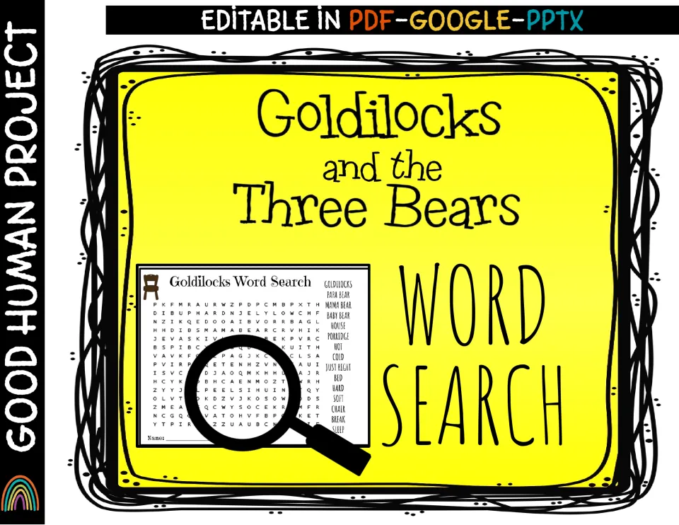 Goldilocks and the Three Bears word search cover previewing the puzzle page; editable in PDF, Google and PPTX