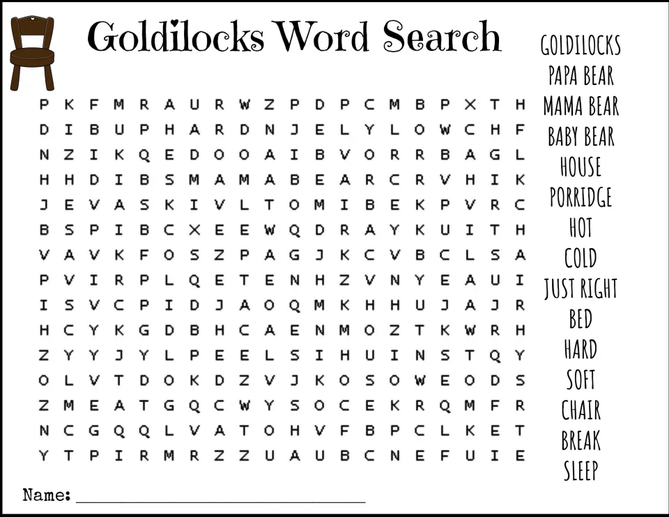 Goldilocks story vocabulary: students find 15 words like porridge, just right, Papa Bear and chair hidden in the puzzle