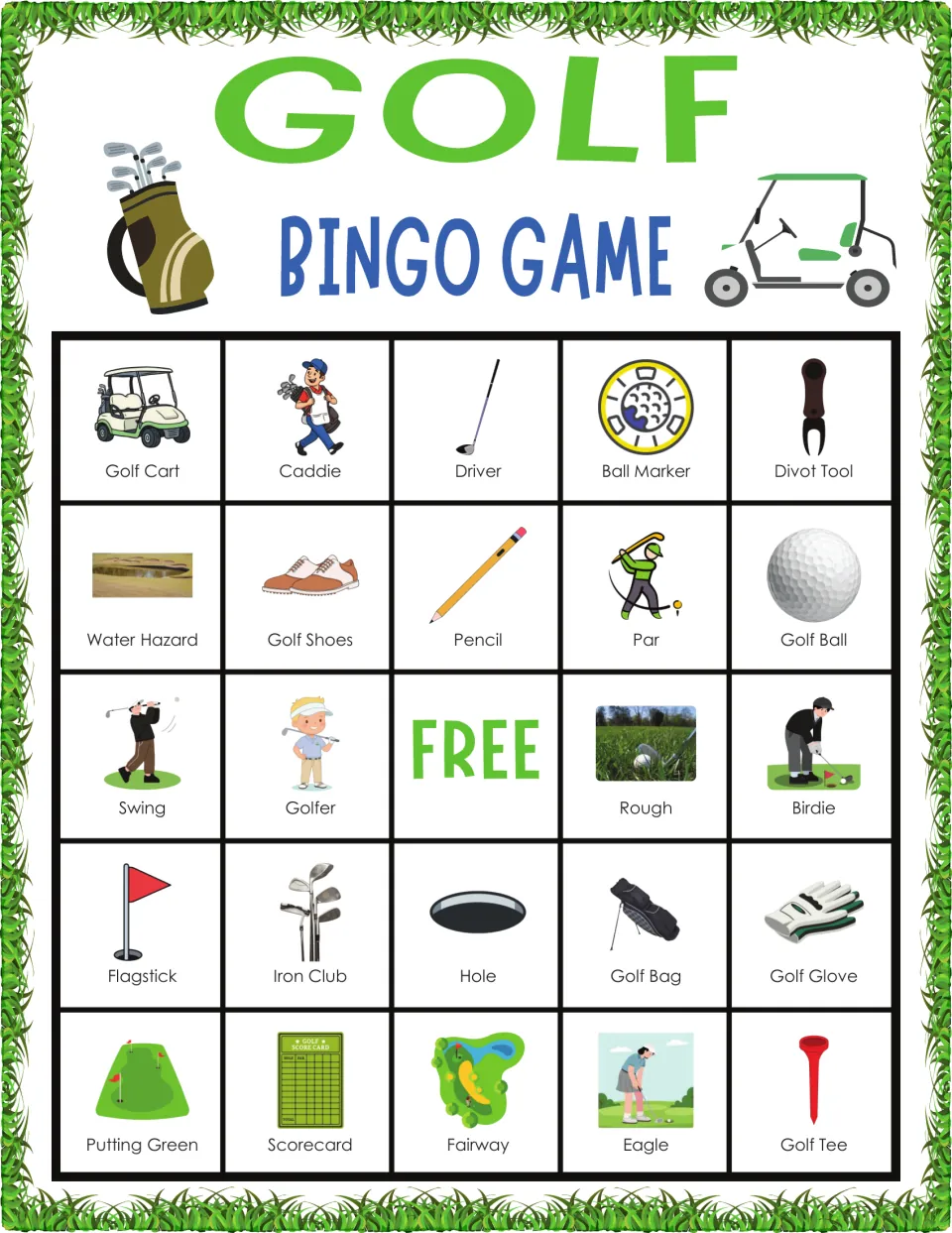 Golf bingo card: students mark picture-labeled golf terms, starting Golf Cart, Caddie, Driver, Ball Marker, Divot Tool