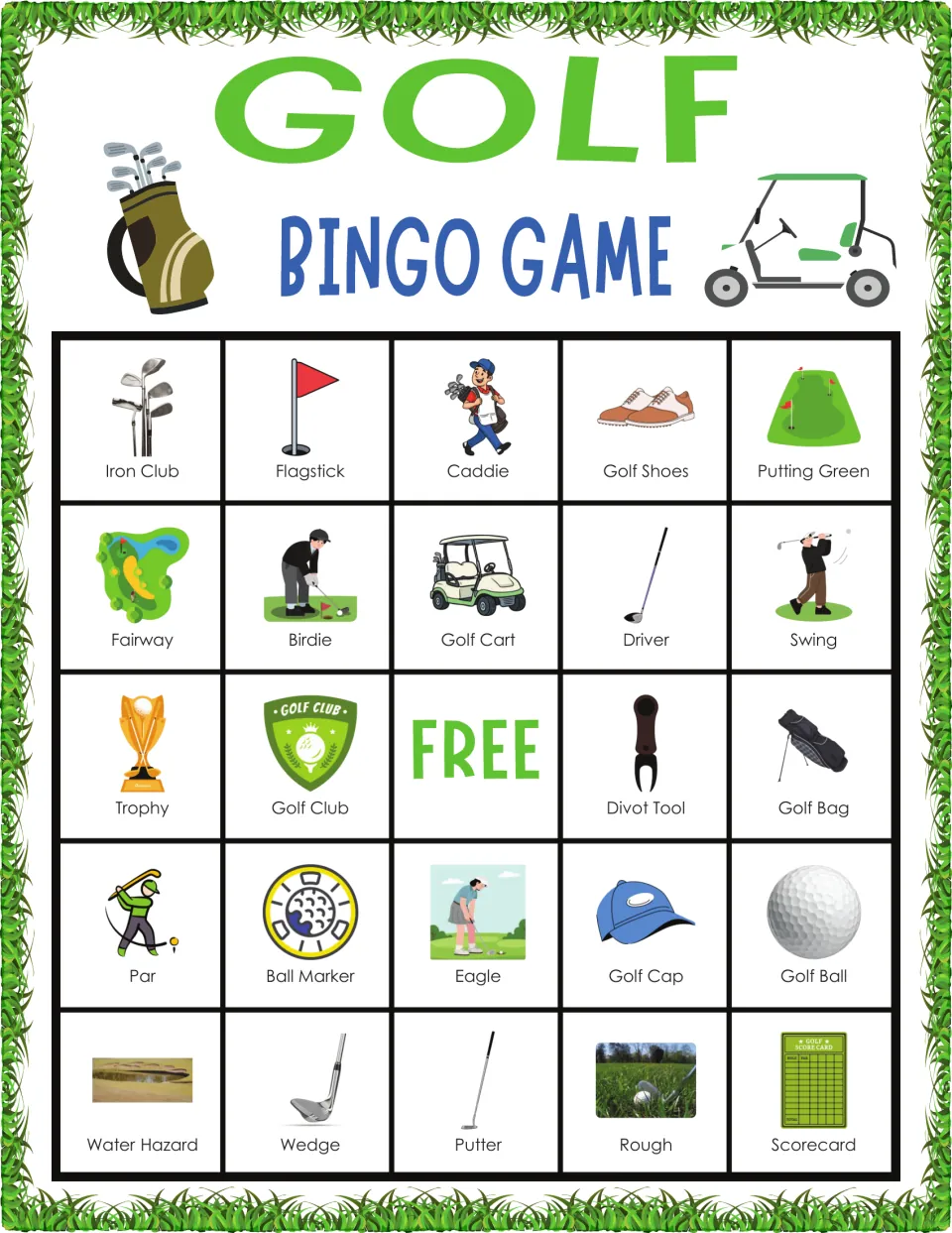 Golf bingo card: players cover picture-labeled words, top row Iron Club, Flagstick, Caddie, Golf Shoes, Putting Green