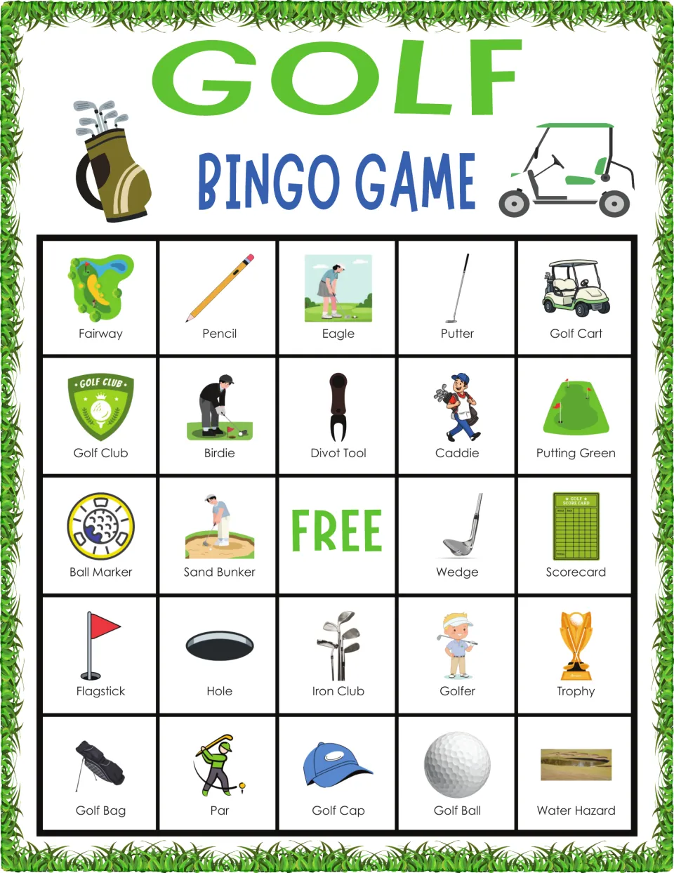 Golf vocabulary bingo card: players listen and cover terms like Fairway, Pencil, Eagle, Putter, Golf Cart and Sand Bunker
