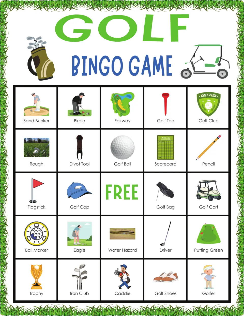 Golf bingo card opening with Sand Bunker, Birdie, Fairway, Golf Tee and Golf Club; students match called words to pictures