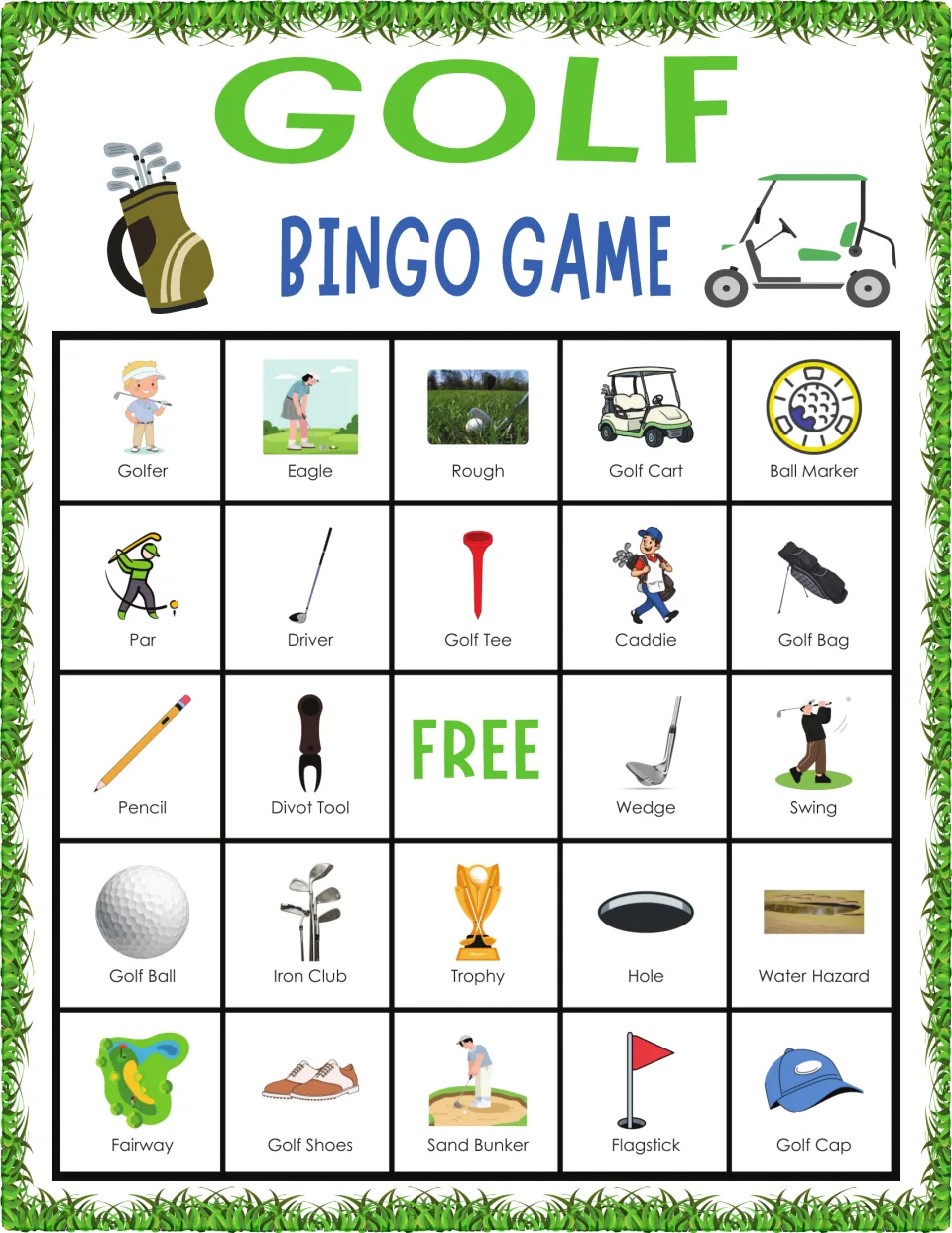 Golf word bingo card beginning Golfer, Eagle, Rough, Golf Cart, Ball Marker; students mark each pictured term when called