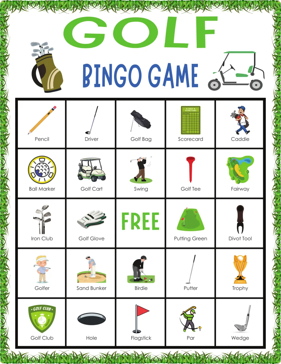 Golf bingo card led by Pencil, Driver, Golf Bag, Scorecard and Caddie; players cover matching golf gear pictures