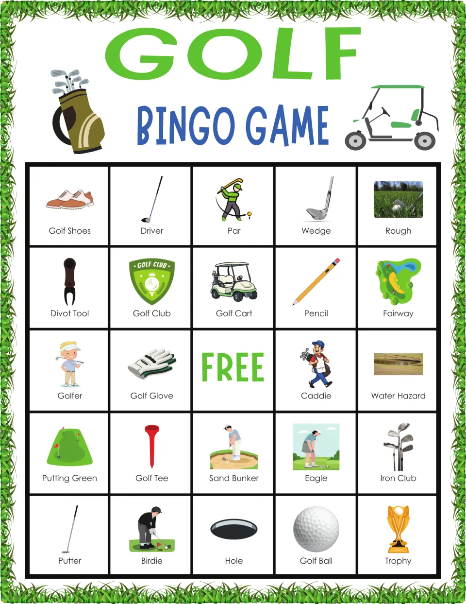 Golf terms bingo card: students cover called words such as Golf Shoes, Driver, Par, Wedge, Rough and Golf Glove