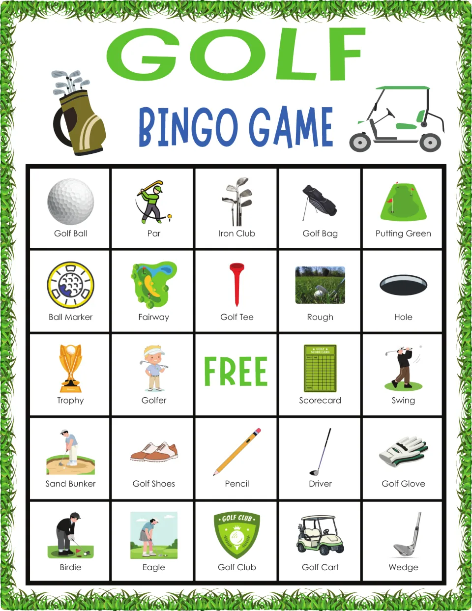 Golf bingo card starting Golf Ball, Par, Iron Club, Golf Bag, Putting Green; students find and mark each word called