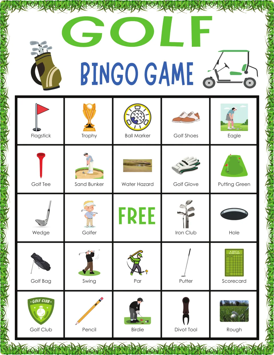 Golf picture-word bingo card beginning Flagstick, Trophy, Ball Marker, Golf Shoes, Eagle; players mark terms as heard