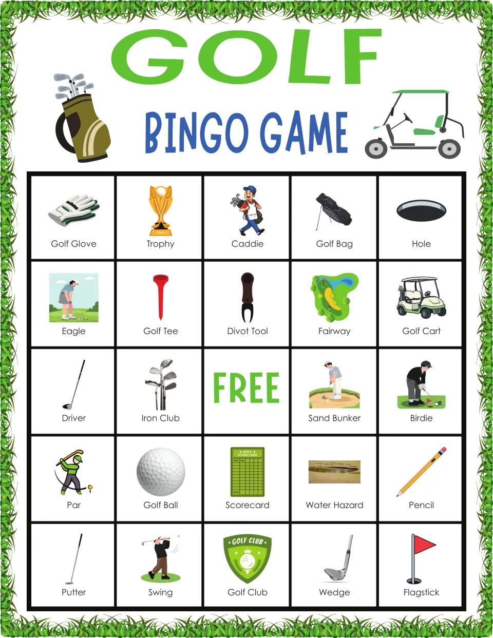 Golf bingo card topped by Golf Glove, Trophy, Caddie, Golf Bag and Hole; students listen for golf words and cover pictures