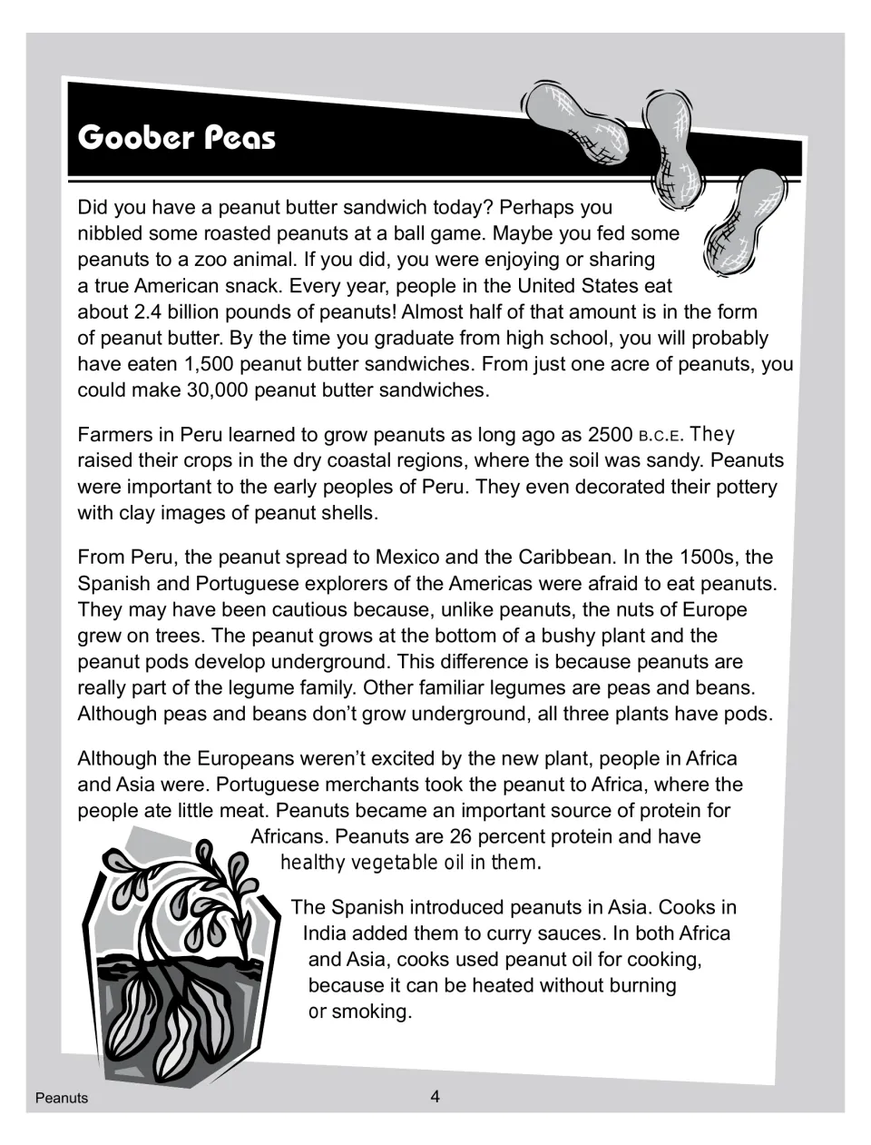 Nonfiction article 'Goober Peas' part 1: US peanut facts, early farming in Peru, and spread to Africa and Asia