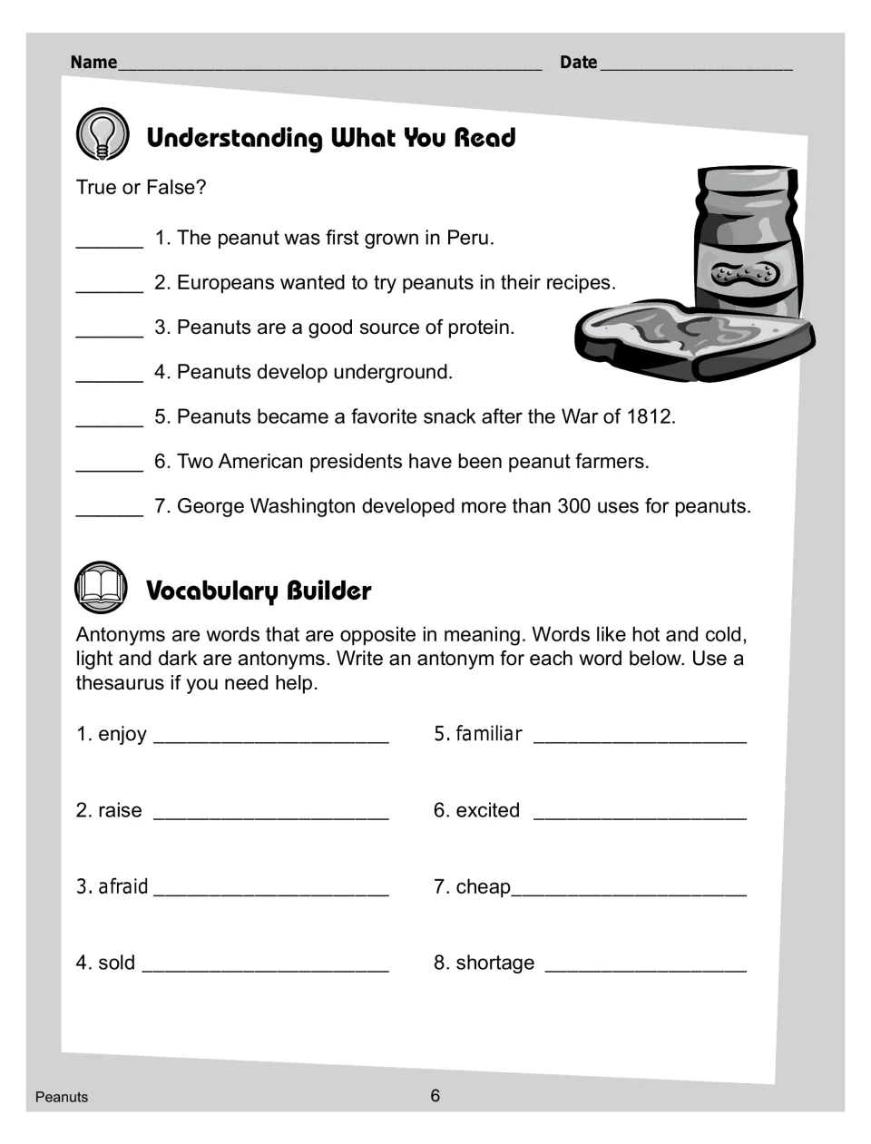Reading check: 7 true-or-false statements about the article, plus antonyms for 8 words such as enjoy and afraid