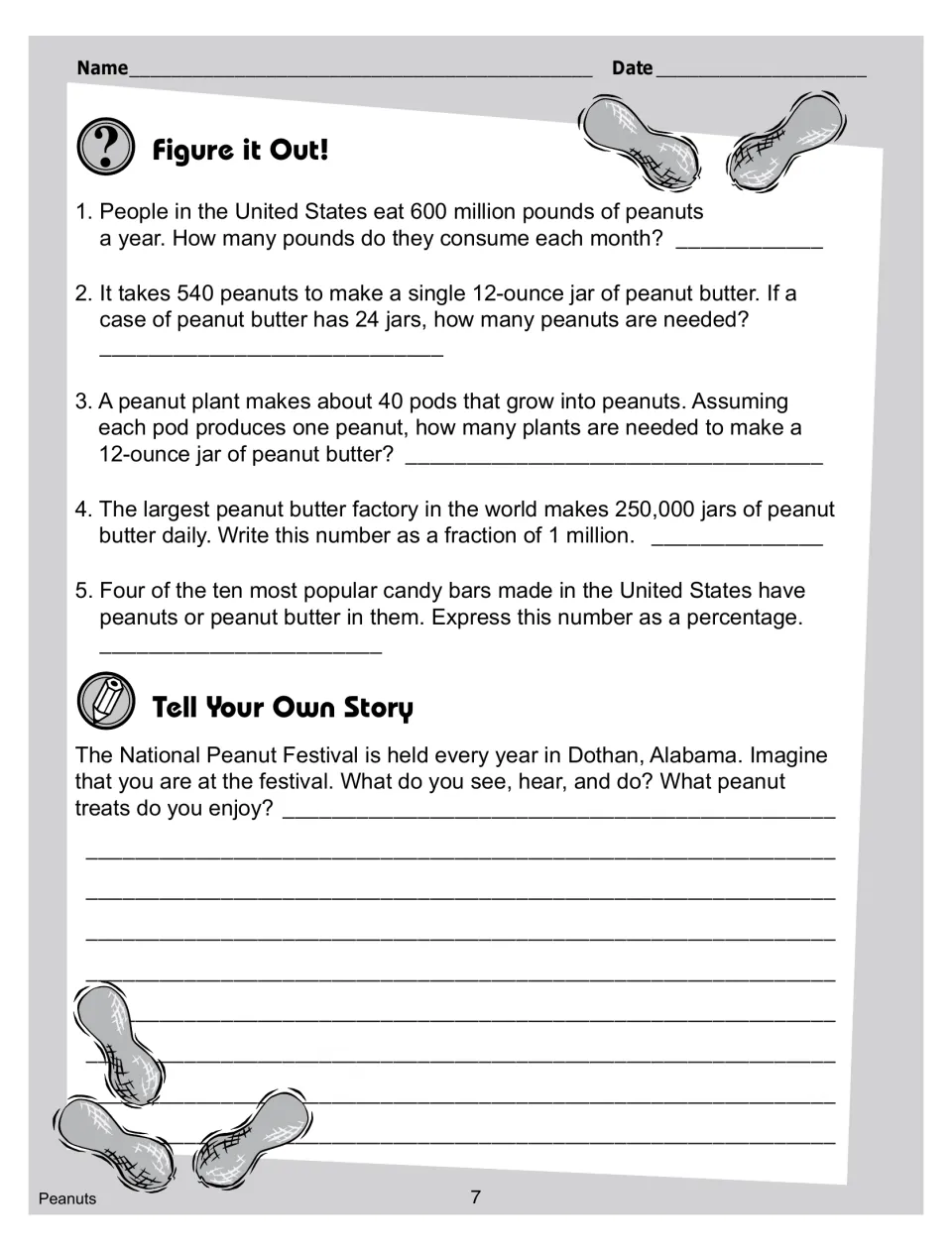 Five peanut math word problems and a writing prompt about visiting the National Peanut Festival in Dothan, Alabama