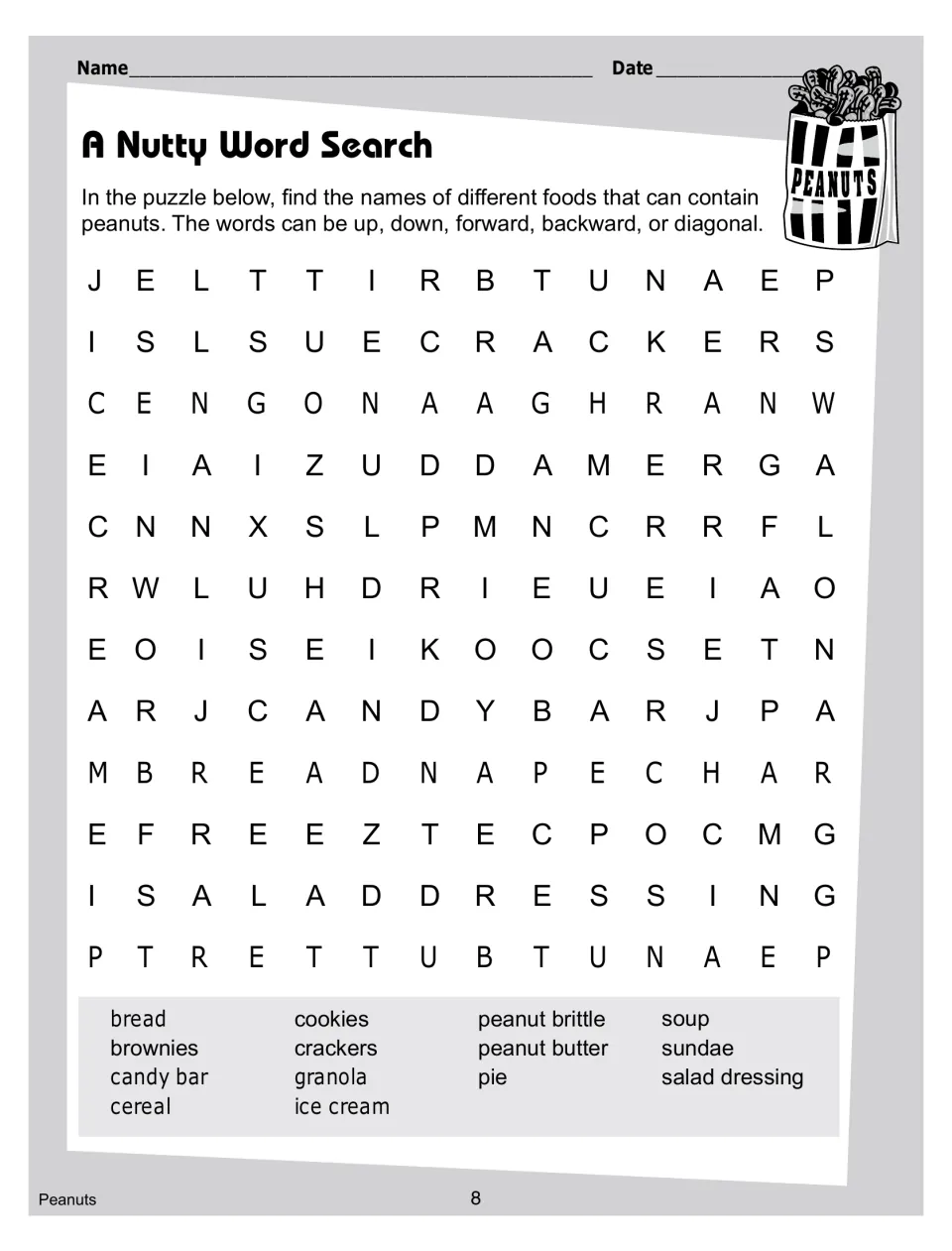 A Nutty Word Search of 14 foods that can contain peanuts, such as granola, brownies, sundae and salad dressing