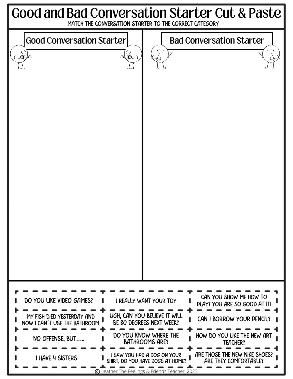 Sorting conversation openers: students glue cut-outs like Can I borrow your pencil? and No offense, but... as good or bad