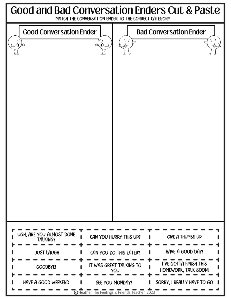 Conversation enders sort: students cut 12 phrases like Goodbye! and Can you hurry this up? and paste each as good or bad