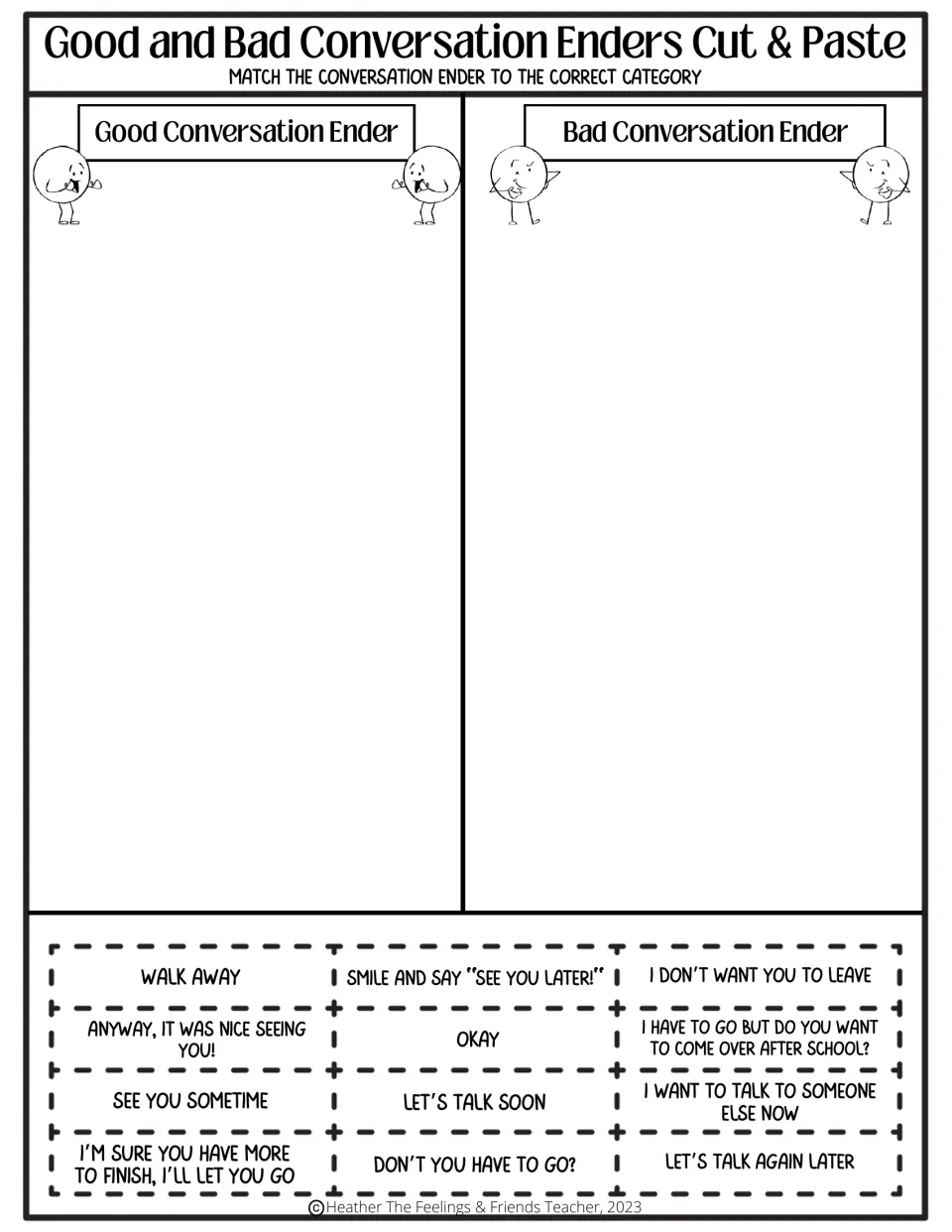 Good vs. bad ways to leave a talk: students sort 12 phrases like Walk away and Let's talk again later into two categories